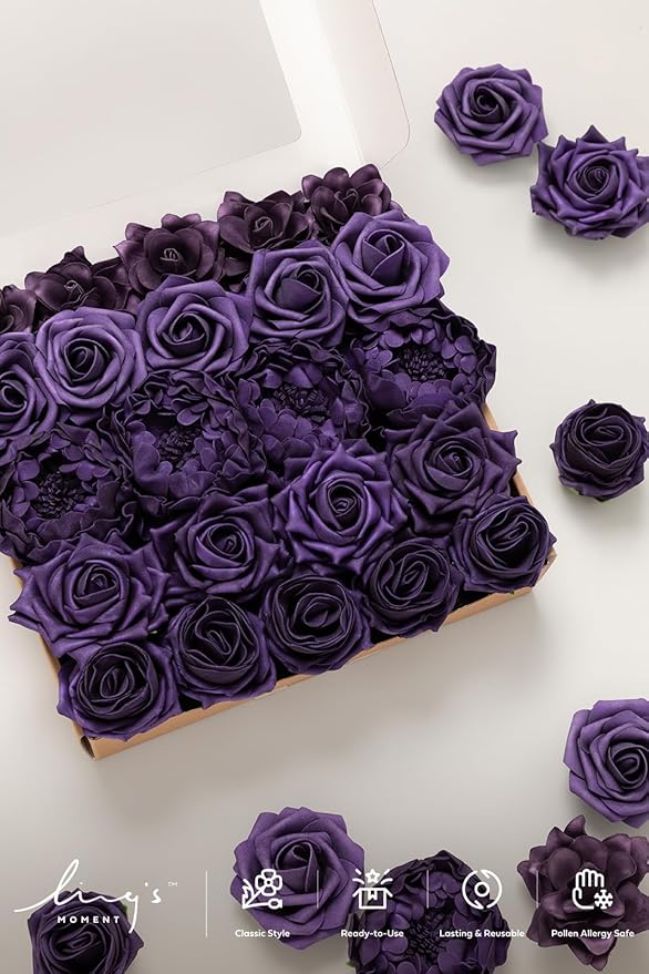 Ling's Moment Artificial Flowers Fake Roses Faux Peony Foam Gardenia Combo for DIY Wedding Bouquets Centerpieces Arrangements Bridal Shower Party Home Decorations, Purple, 23pcs