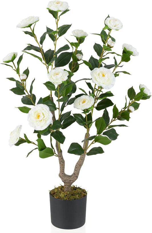 GOFLAME 3FT Artificial Camellia Tree, Faux Camellia Plant with White Flowers, Solid Wood Trunk, Realistic Moss, Greenery Potted Decoration Tree for Indoor Outdoor Home Porch Front Door
