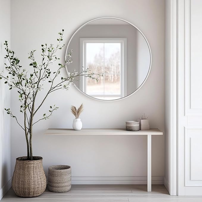 White Round Mirror, White Round Mirror 24 inch, Circle Bathroom Mirrors Metal Frame, Circle Mirrors for Wall, Bathroom, Over Sink, Living Room, Vanity.