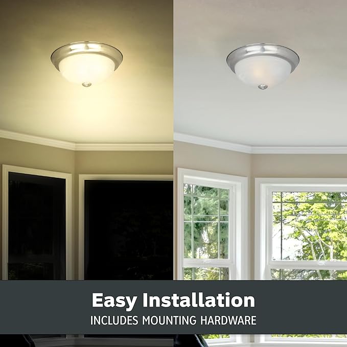 DESIGNERS FOUNTAIN Reedley 2-Lights Flush Mount Ceiling Light, 13 Inch Lighting Fixture for Kitchen, Bedroom, Bathroom, and Hallway, White Alabaster Glass, Satin Platinum, 1257M-SP-AL