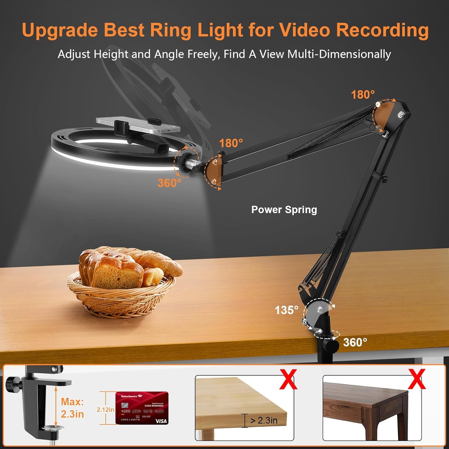 Evershop Upgrade Ring Light Overhead Phone Mount, 10” Circle LED Desk Ring Light with Stand for Video Recording