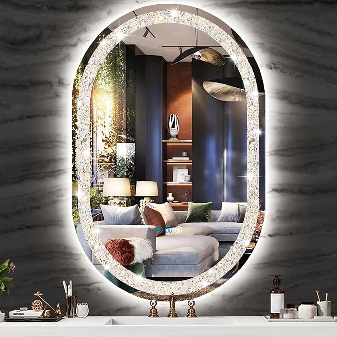 40 x 20 Inch Crystal Oval Vanity Mirror with Lights 3 Color Memory Function Dimmable Antifog 40 Inch Diamond Crystal LED Oval Lighted Mirror for Bathroom Salon Wall Horizontal/Vertical Mount