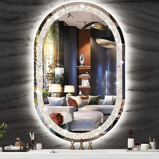40 x 20 Inch Crystal Oval Vanity Mirror with Lights 3 Color Memory Function Dimmable Antifog 40 Inch Diamond Crystal LED Oval Lighted Mirror for Bathroom Salon Wall Horizontal/Vertical Mount