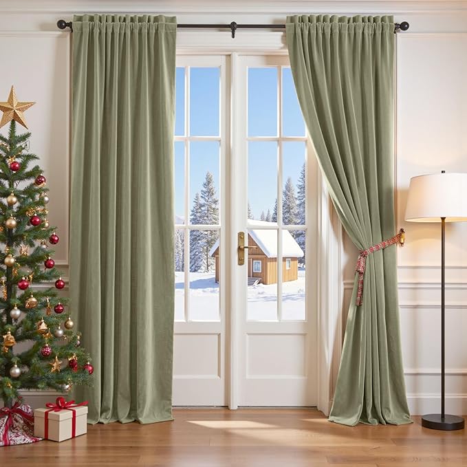 Lazzzy Velvet Blackout Curtains Thermal Insulated Room Window Drapes Super Soft Luxury Curtains for Living Room Bedroom Rod Pocket 2 Panels, Olive Sage, 62" W x 120" L