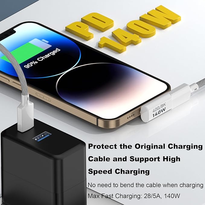 AreMe 2 Pack USB C Male to Female Adapter, 90 Degree Right Angle Type C Extender Support 140W, 40Gbps, 8K@60Hz for Thunderbolt 4/3, MacBook Pro/Air, Laptop, Phones and More Type C Devices (White)
