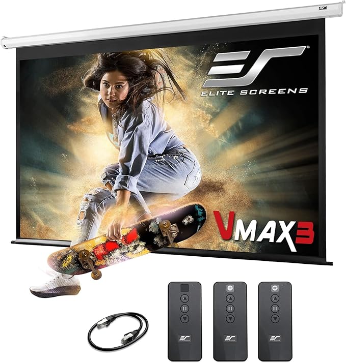 Elite Screens VMAX 3 with RC 1 Remote Kit, 150-INCH 4:3 Aspect Ratio, Wall Ceiling Motorized Drop Down Projector Screen, VMAX150XWV3