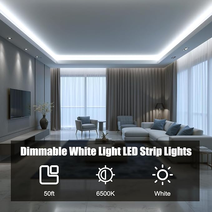 MYPLUS 50FT White LED Strip Lights, Dimmable LED Tape Light 6500K Bright Daylight White, Flexible Under Cabinet Lights with 900 LEDs and UL Listed Safety Power Supply for Room,Kitchen and décor