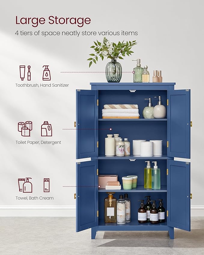 VASAGLE Floor Storage Cabinet, Freestanding Storage Unit with 4 Doors, Adjustable Shelves, 11.8 x 23.6 x 43.3 Inches, for Entryway, Bathroom, Harbor Blue UBBC552Q01