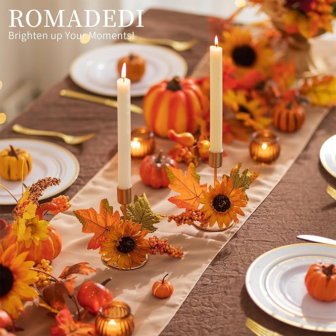 Romadedi Fall Candle Holder for Thanksgiving: Candlestick Holders Decor for Autumn Table Centerpiece Gold Party Decoration Indoor Kitchen Dining Fireplace Mantel Sunflower Maple Leaves Set of 2