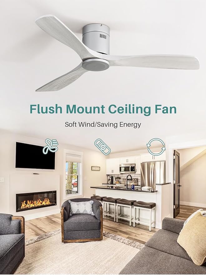 Sofucor 52 Inch Smart Ceiling Fan Without Lights Flush Mount Solid Wood Ceiling Fan with Alexa/Google Assistant/APP/Remote Control-Modern Outdoor Ceiling Fans No Light for Bedroom/Patio, Silver Grey