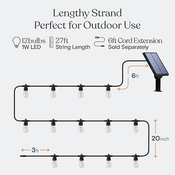 Brightech Ambience Pro Solar Powered Outdoor String Lights -27 ft Commercial Grade Waterproof Edison Patio Lights, Shatterproof LED String Lights for Outside, Porch - 12 Bulbs, 1W Soft White