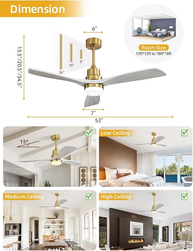Sofucor 52 Inch Smart Ceiling Fans with Lights and Alexa/Google Assistant/APP/Remote Control-Modern Solid Wood Outdoor 3 Blades Ceiling Fan for Bedroom Living Room Indoor Farmhouse Patio, Grey Gold