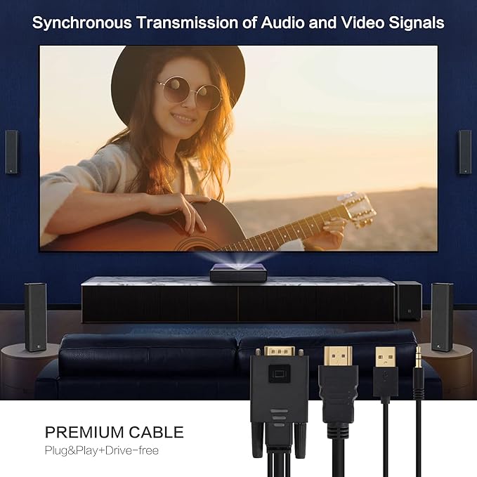 VCOM VGA to HDMI Cable 6Ft, VGA to HDMI Adapter with USB Power and Audio, 1080P@60Hz PC VGA Source Output to TV/Monitor with HDMI Connector, Male to Male for Computer Desktop Laptop Monitor Projector