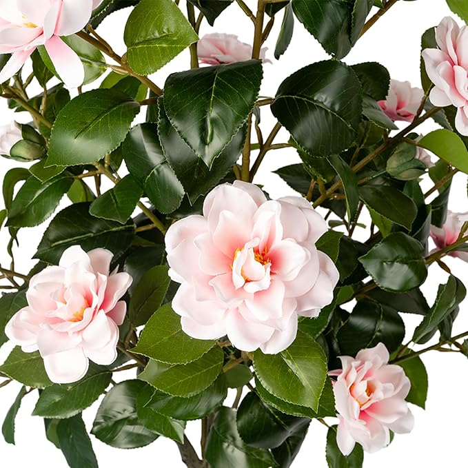 Artificial Camellia Tree 2 Pack, Artificial Plants Outdoor Faux Floral Plant in Cement Pot Fake Silk Camellia Tree Plants for Home House Living Room Office Decor