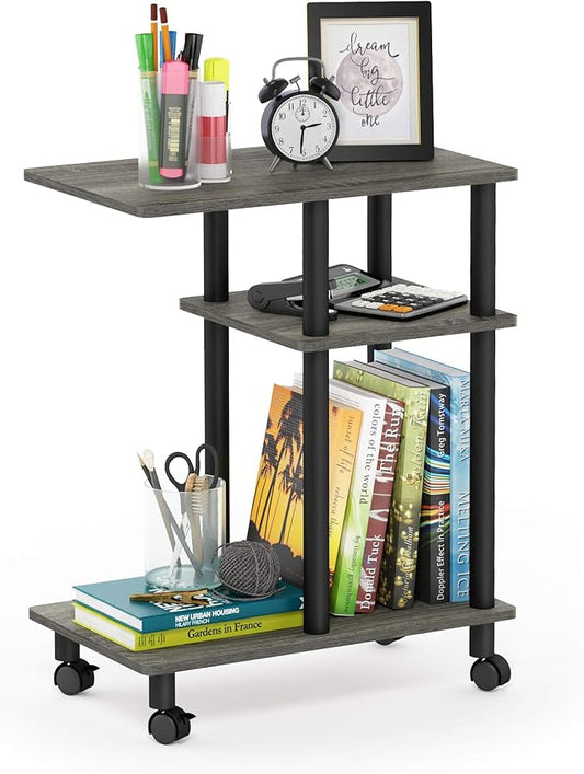 Furinno Turn-N-Tube C Shaped Side Table with Casters, French Oak Grey/Black