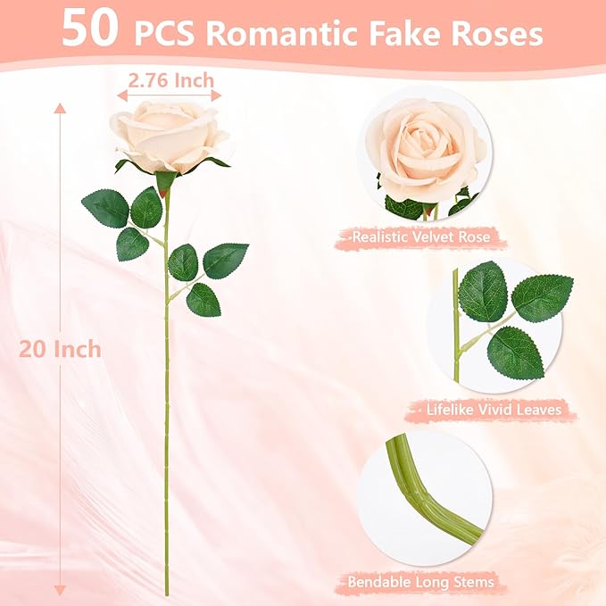 BLEUM CADE 50 Pcs Champagne Roses Artificial Flowers, Real Touch Velvet Roses Fake Flowers Bulk, Artificial Roses Bouquet with Long Stems Bridal DIY Wedding Party Centerpiece Decorations