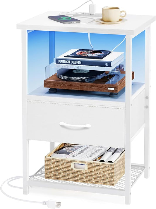 Fixwal Night Stand with Charging Station, LED Nightstand with Fabric Drawers, End Table with PU Finish, Bed Side Table, White