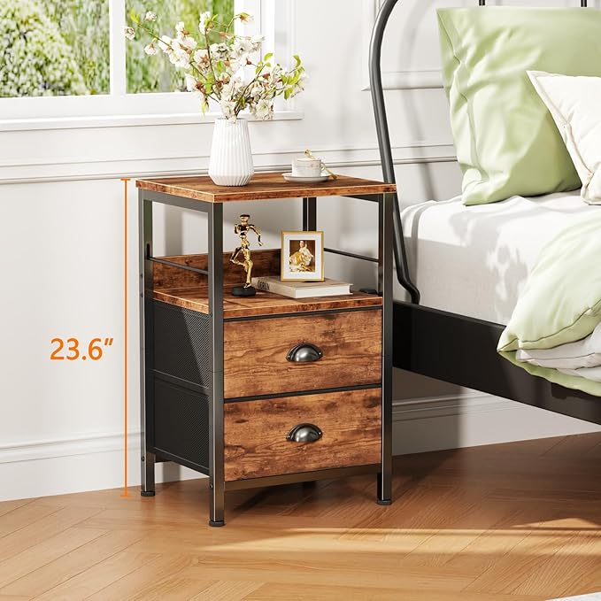Furologee Nightstand with 2 Fabric Drawers, Night Stand with 2-Tier Shelf, Bedside Table with Hooks, Open Wooden Shelf, End Table for Bedroom, Backboard Design, Metal Frame, Rustic Brown