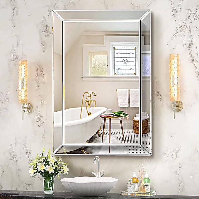 Pregaspor Wall Mirror for Bathroom, 24" x 36" Rectangular Frameless Vanity Mirror, Polished Beveled for Over Sink