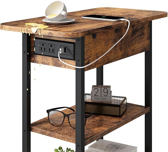 LIDYUK Set of 2 Brown End Tables with Charging Station, Narrow Side Tables for Small Spaces, Nightstands, Living Room, Brown