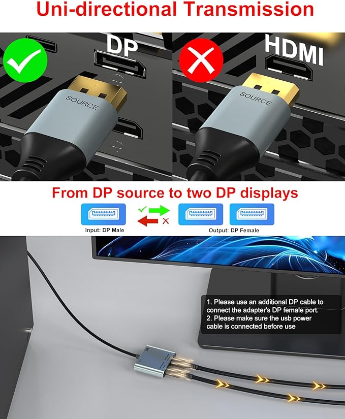 DisplayPort to Dual DisplayPort Splitter Adapter, 4K@60Hz Display Port Splitter Extended Display for Dual Monitors, DP1.4 Splitter 1 in 2 Out, DisplayPort MST Hub for PC, NVIDIA, AMD Graphic Card