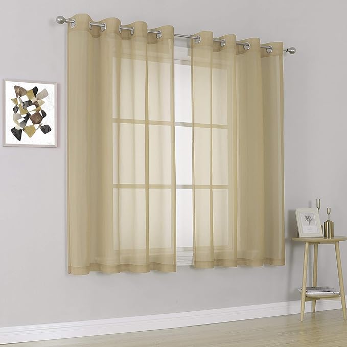 KEQIAOSUOCAI Tan Sheer Voile Window Treatment Grommet Top Curtain Panels for Bedroom and Living Room (54 x 63 inches Long, Set of 2)