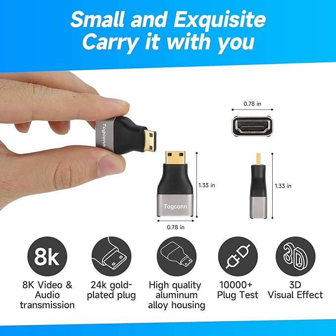 8K Mini HDMI to HDMI Adapter 2Pack,Mini HDMI (Male) to HDMI (Female) Converter Connector (Aluminum Shell) Support 8K@60Hz,4K@120Hz, HDR,3D Compatible with Camera, Camcorder, Laptop, Raspberry Pi Zero