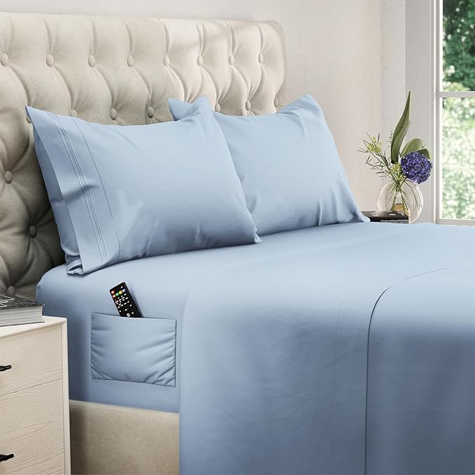 DREAMCARE Sheet Set - 4pcs Cooling Microfiber, Deep Pocket King, Hotel Luxury, Soft 100% Fine Microfiber with Side Pocket - Light Blue