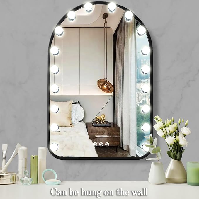 Hollywood Arch Black Vanity Makeup Mirror with Lights 18 Bulbs Dimmable 3Color Black Lighted Vanity Mirror for TableTop Wall Detachable Base X10 Magnifying Arch Makeup Desk Mirror with Lights