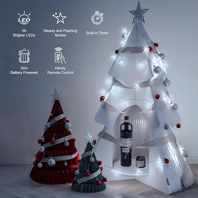 Brightown Star String Lights Battery Operated - 2 Pack 17 ft 50 LED Star Fairy String Lights with Remote and Timer, 8 Modes Waterproof for Bedroom Tent Loft Bed Patio Party Wedding Decor, White