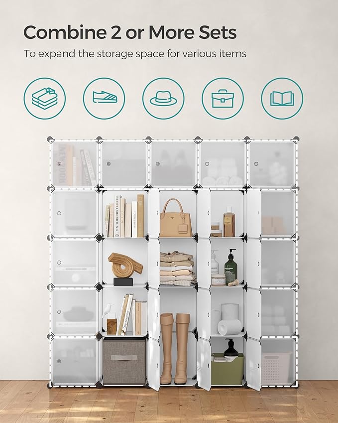 SONGMICS Cube Storage Organizer, Set of 16 Plastic Cubes, Closet Storage Shelves, DIY Plastic Closet Cabinet, Modular Bookcase, Shelving with Doors for Bedroom, Living Room, White ULPC44BSV1