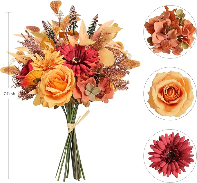 2 Pcs Artificial Fall Flowers Bouquet for Decoration, Fall Fake Silk Flower Arrangement Faux Autumn Flowers Fall Decorations for Home Indoor Office Wedding Bride Bouquets Table Centerpieces Fall Decor