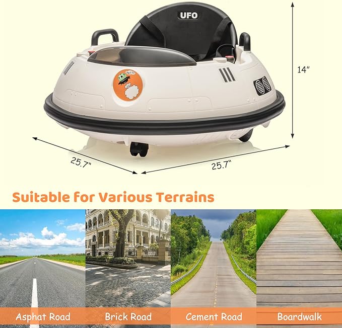 12V Electric Ride on Bumper Car for Toddlers, Kids Bumper Car with Remote Control, 360 Degree Spin, LED Lights, Dual Joysticks, Safety Belt for 18+ Months Kids, White