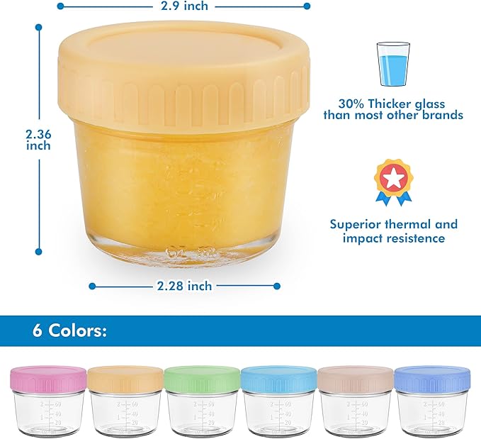 WILLDAN Glass Baby Food Storage Jars w/Lids (4 oz, 12 Pack Set) Snack, Puree, Reusable Small Containers, Breast Milk, Fridge or Freezer, Microwave & Dishwasher Safe, Essential Must Have for Infants