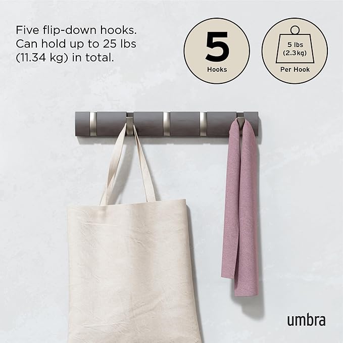 Umbra Flip Wall Mounted Floating Rack – Modern, Sleek, Space-Saving Coat Hanger with 5 Retractable, Driftwood/Nickel Hook