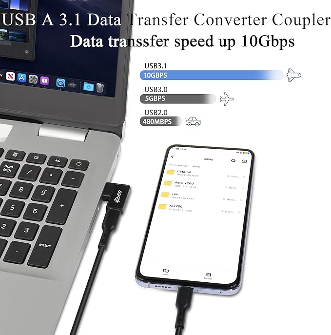 QIANRENON 90° Angle USB 3.1 to USB C Adapter 10Gbps USB A Male to Type C Female Right Angle L-Shaped Connector, for Data Transfer OTG 3A Charging, for PC Laptop Tablet,2Pcs (Right Angle Lateral Bend)