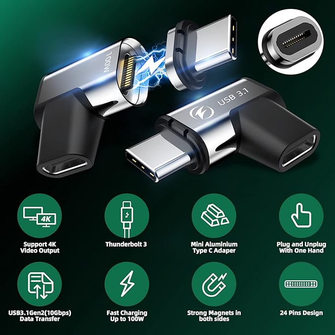 USB C Magnetic Adapter, (2 Pack) Magnetic USB C Adapter, 24Pins USB3.1 10Gbps Data Transfer 4K 60Hz Video PD 100w Charge Compatible with MacBook Pro/Air USBC Laptop