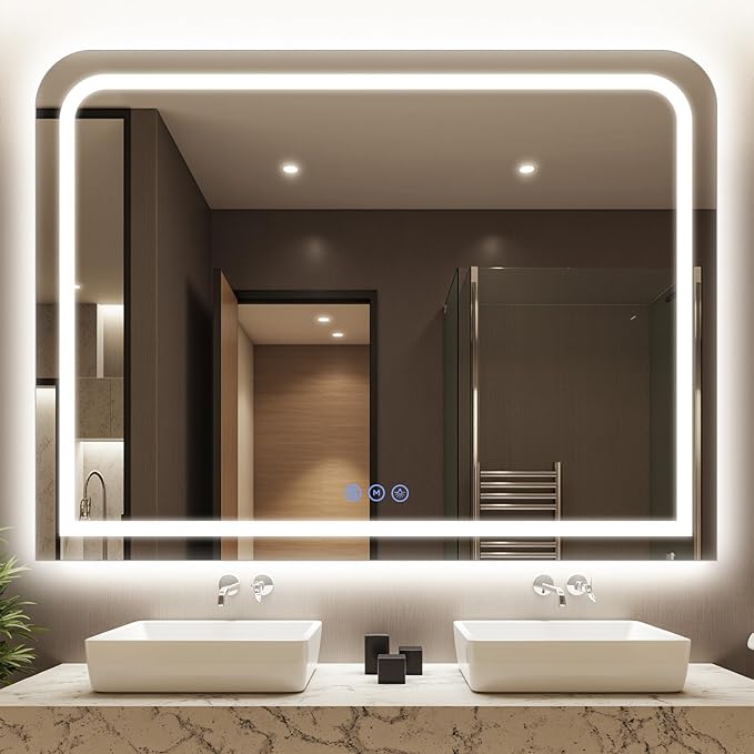 LED Bathroom Mirror, 48"x 36" LED Mirror with Lights for Bathroom, Lighted Vanity Mirrors for Wall, Anti-Fog, Dimmable, Tempered Glass, Memory Function, 3 Colors, Safe Use (White)