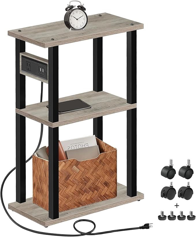 TUTOTAK Small Narrow Side Table with Charging Station, Skinny End Table for Small Spaces, Slim Nightstand with USB Ports and Outlet, Sofa Beside Table with Wheels, Greige TB01BG046