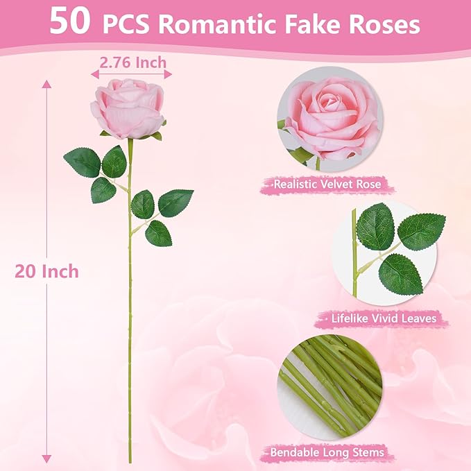 BLEUM CADE 50 Pcs Pink Roses Artificial Flowers, Real Touch Velvet Roses Fake Flowers Bulk, Artificial Roses Bouquet with Long Stems Bridal DIY Wedding Party Centerpiece Decorations
