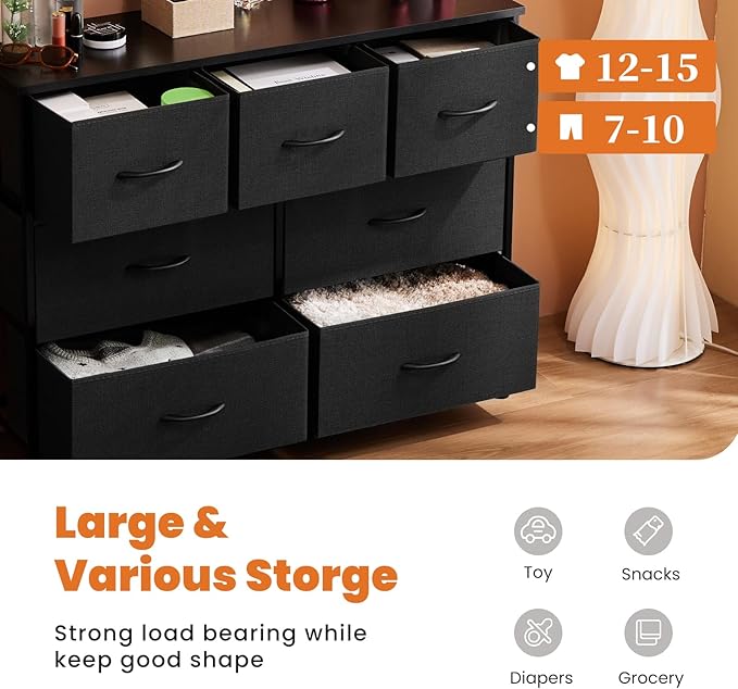 Sweetcrispy Dresser for Bedroom TV Stand Fabric Dresser with 7 Drawers, Dresser Chest of Drawers Organizer Wood Tabletop, Dresser for Closet, Living Room, Entryway, Black