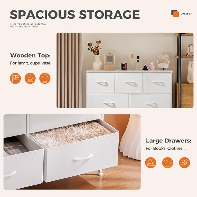 Sweetcrispy 9 Drawer Fabric Dresser Tall Chest Storage Organizer Tower with Cabinet Metal Frame and Wood Top Lightweight Nursery Closet Furniture for Bedroom,Cream White
