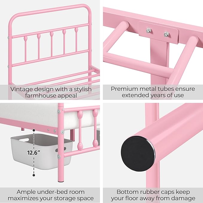 Yaheetech Classic Metal Platform Bed Frame Mattress Foundation with Victorian Style Iron-Art Headboard/Footboard/Under Bed Storage/No Box Spring Needed/Twin Size Pink