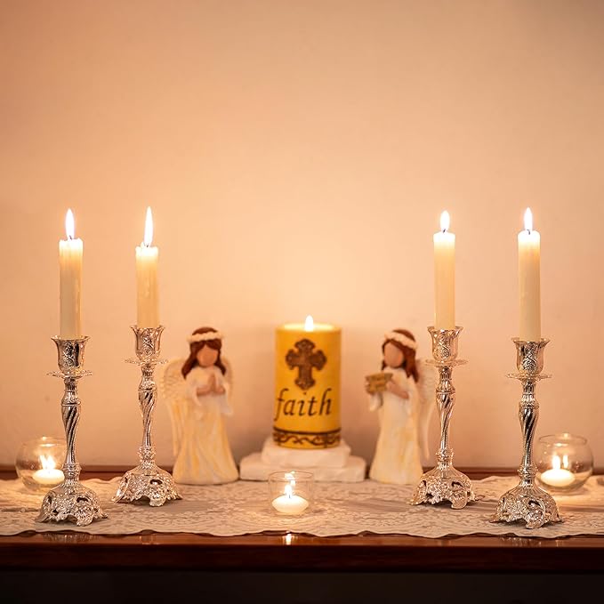 Sziqiqi Silver Plated Candlestick Holders Set of 2 Taper Candle Holders Deluxe Ornate Candle Holders for Shabbat Taper Candles, Candle Centerpiece, Wedding Candles, Christmas Candle, 7.4inch