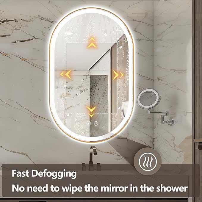 Niccy Oval LED Mirror for Bathroom, 48x30 Front Lit + Backlit Vanity Mirrors with Light Anti-Fog, Shatter-Proof, 3 Colors, Makeup Mirror with Gold Frame (Horizontal/Vertical)
