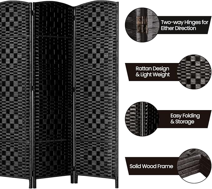 Rose Home Fashion Room Divider, 6 ft Tall Room Dividers and Folding Privacy Screens, 16in Privacy Screen 6 Panel Black Space Temporary Wall Foldable Partition Separation