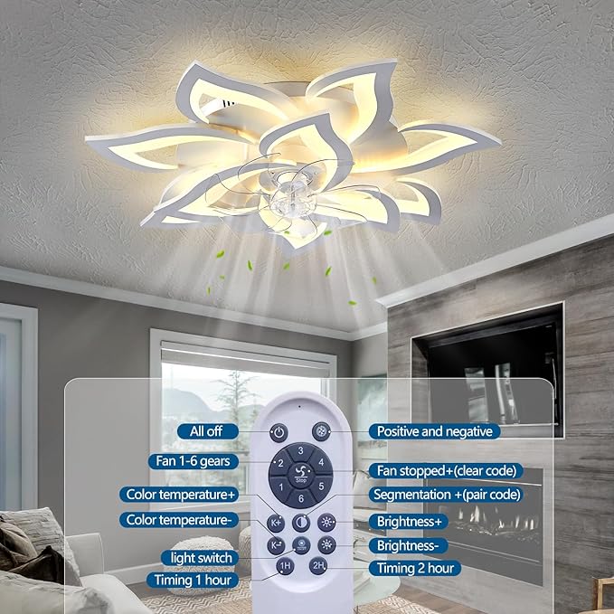 32" White Ceiling Fan with Light Remote Control, Modern Geometric Ceiling Fan with Lights, 6 Speeds 3 Light Color Low Profile Ceiling Fan for Kitchen Bedroom