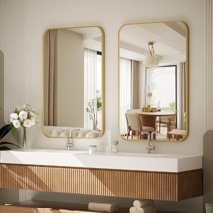 BEAUTYPEAK 20" x 28" Rectangular Aluminum Alloy Frame Wall Mounted Bathroom Mirror with Rounded Corners, Gold