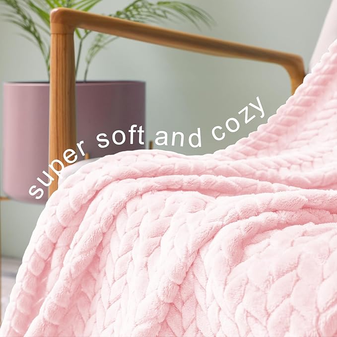 Exclusivo Mezcla Fleece Queen Size Blanket for Bed, 90x90 Inches Soft Cozy Jacquard Flannel Blankets, Lightweight Fuzzy Plush Warm for Winter, Light Pink