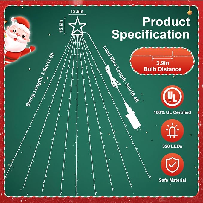 FUNIAO Outdoor Christmas Decorations Star Lights, 320 LED Hanging Twinkle Fairy String Lights Outside Tree Decoration Lights for Christmas, Yard, Garden, New Year (Plastic Star-Red White Green)